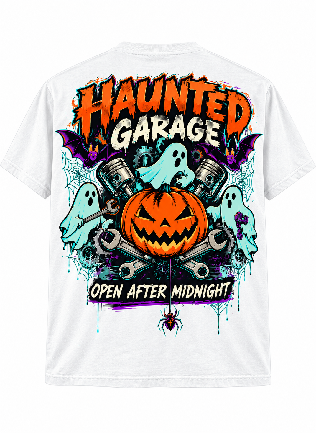 Haunted Garage Halloween Unisex T-Shirt – Mechanic Ghost & Pumpkin Tee💗