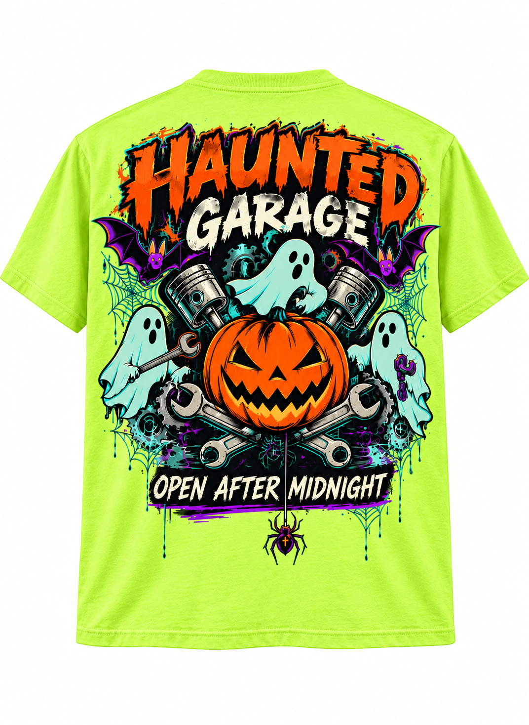 Haunted Garage Halloween Unisex T-Shirt – Mechanic Ghost & Pumpkin Tee💗