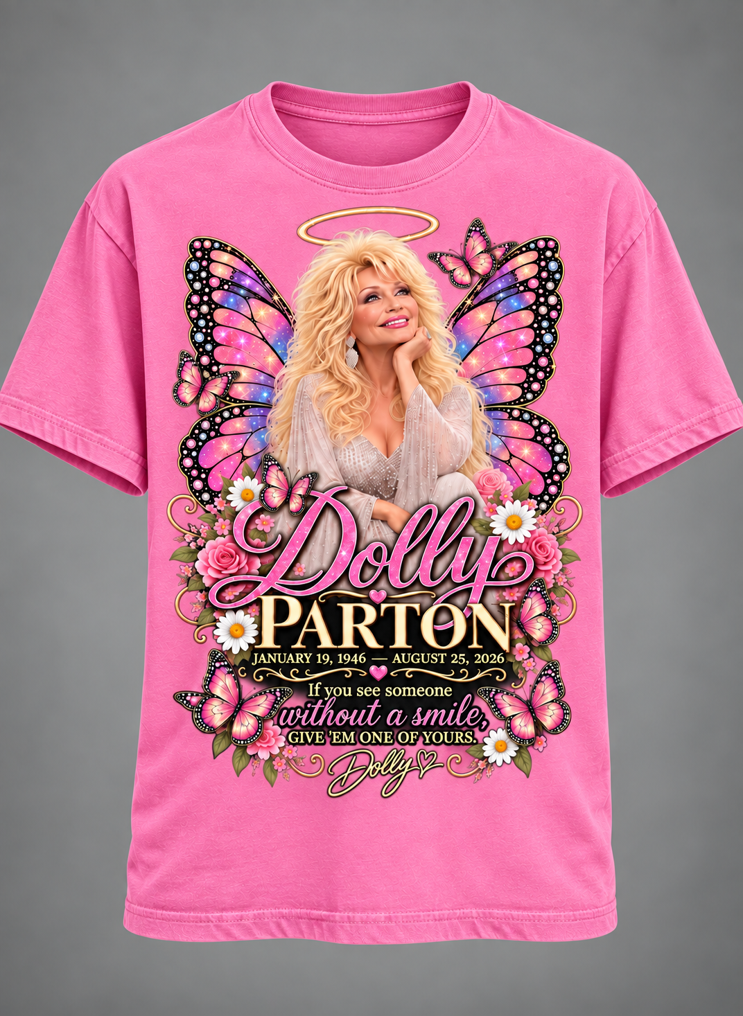 Dolly Parton Memorial Tribute T-Shirt – Give ’Em One of Yours Butterfly & Floral Tee💗🦋🎸