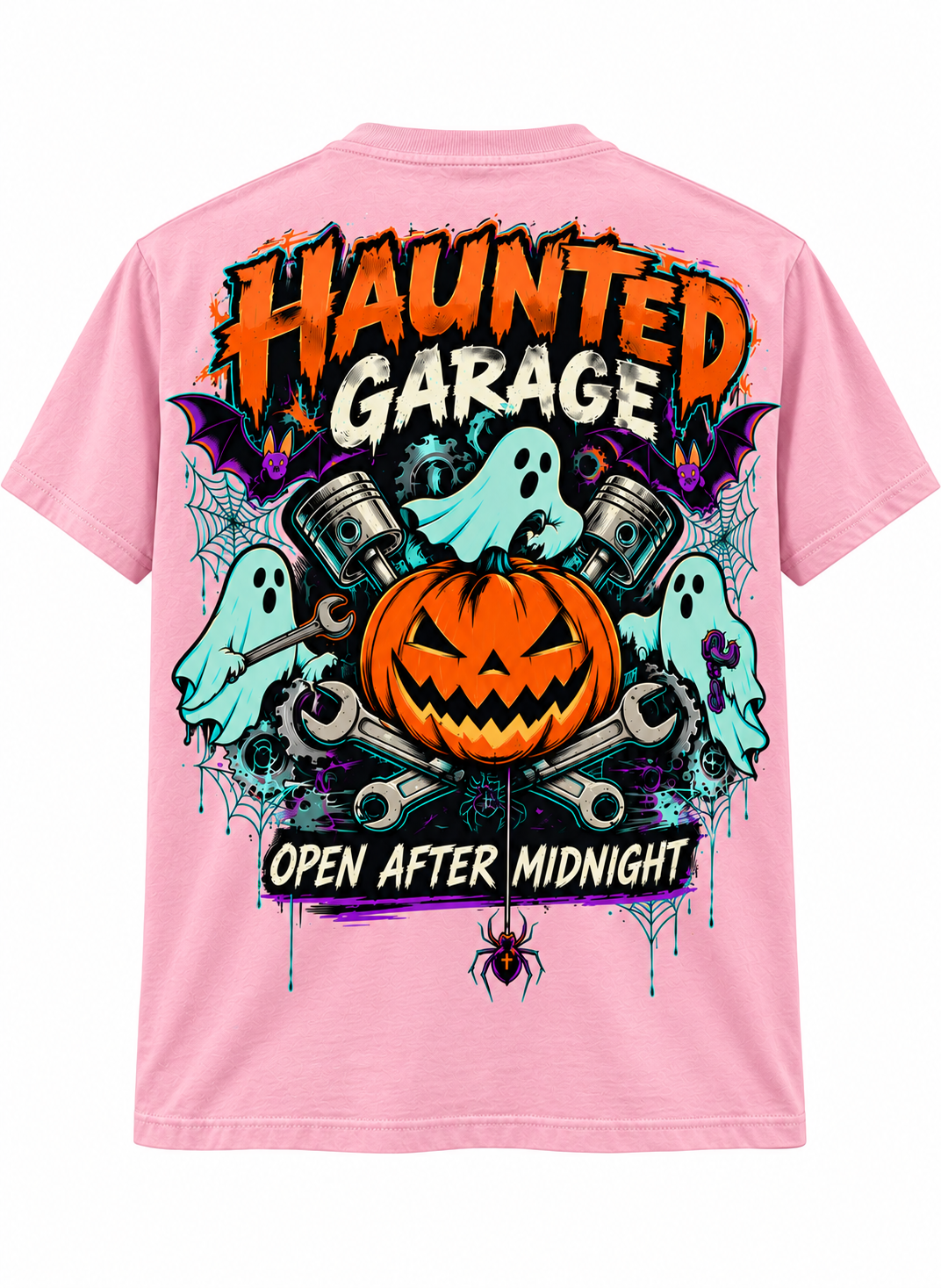 Haunted Garage Halloween Unisex T-Shirt – Mechanic Ghost & Pumpkin Tee💗